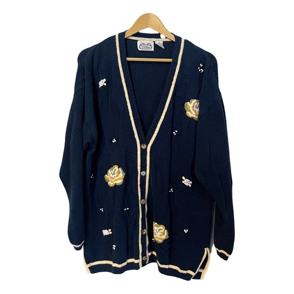The Villager Vintage Navy Floral Embroidered Cardigan - Picture 1 of 4